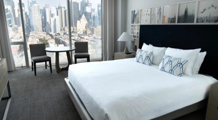 Hotel room in New York with view of the skyline