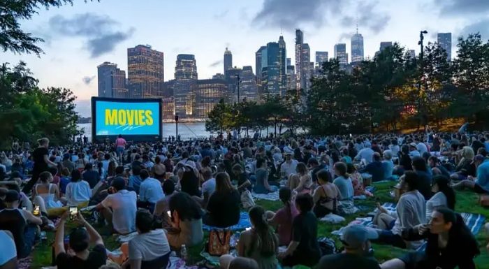 People sitting in Brooklyn Bridge Park watching a big screen