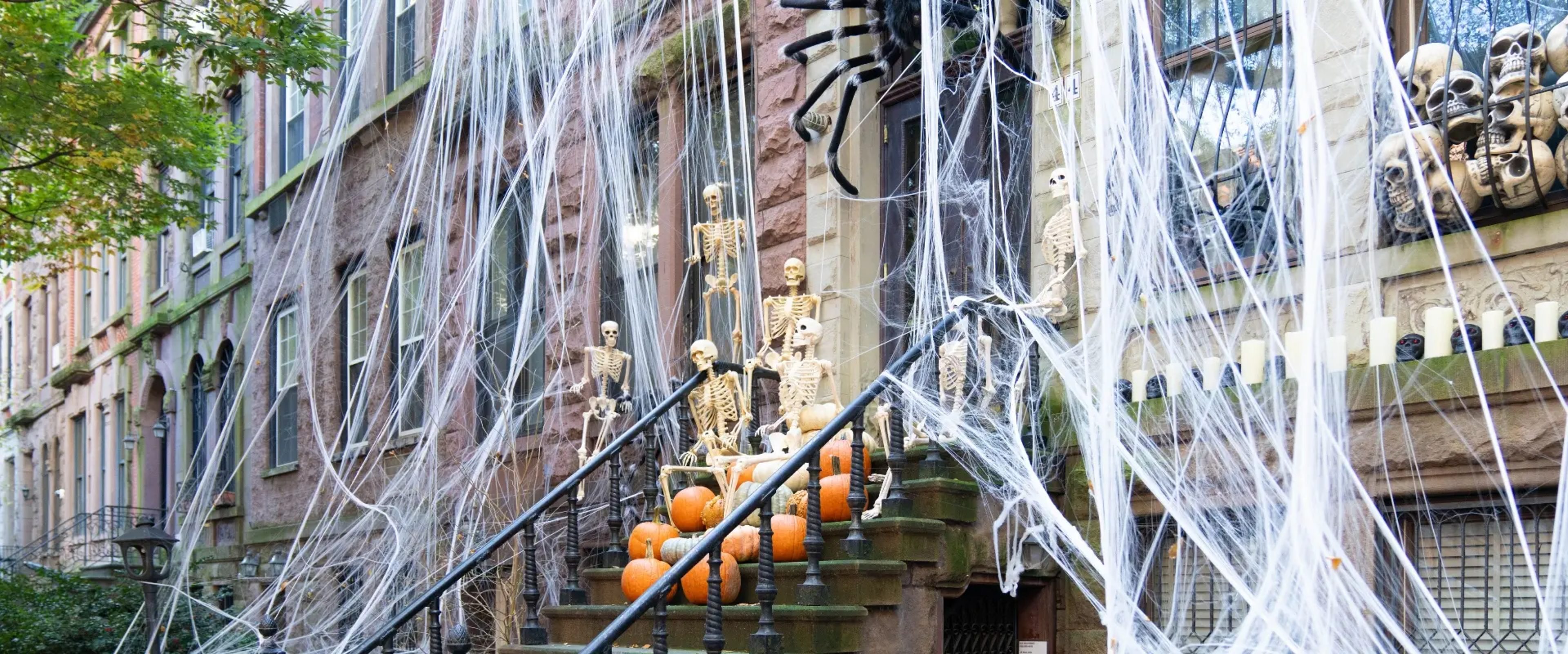 Halloween Stoop Decorations on a brownstone in New York