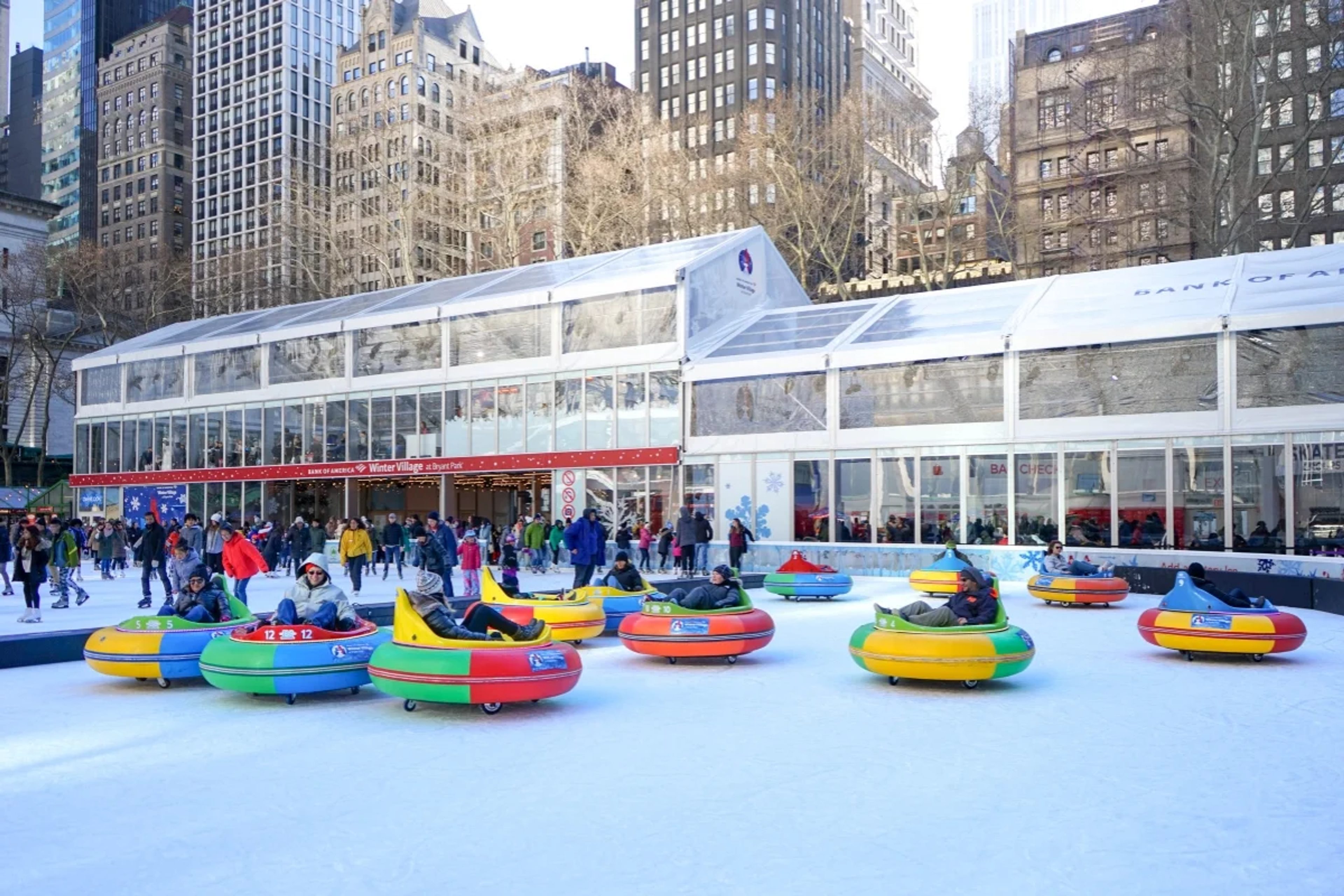 Bumper cars on ice in Bryant Park