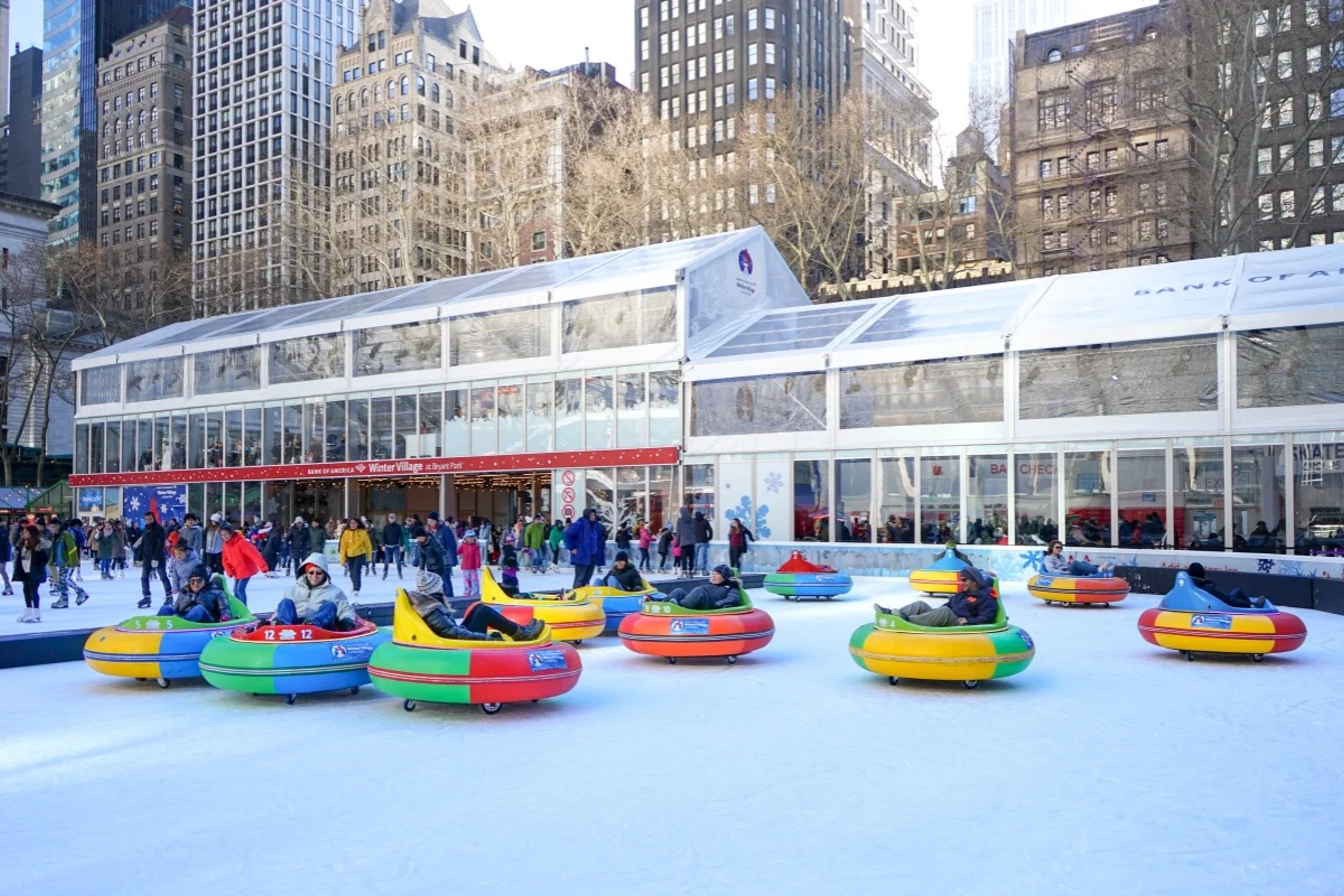 Bumper cars on ice in Bryant Park
