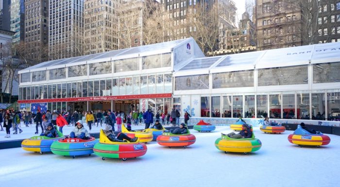Bumper cars on ice in Bryant Park
