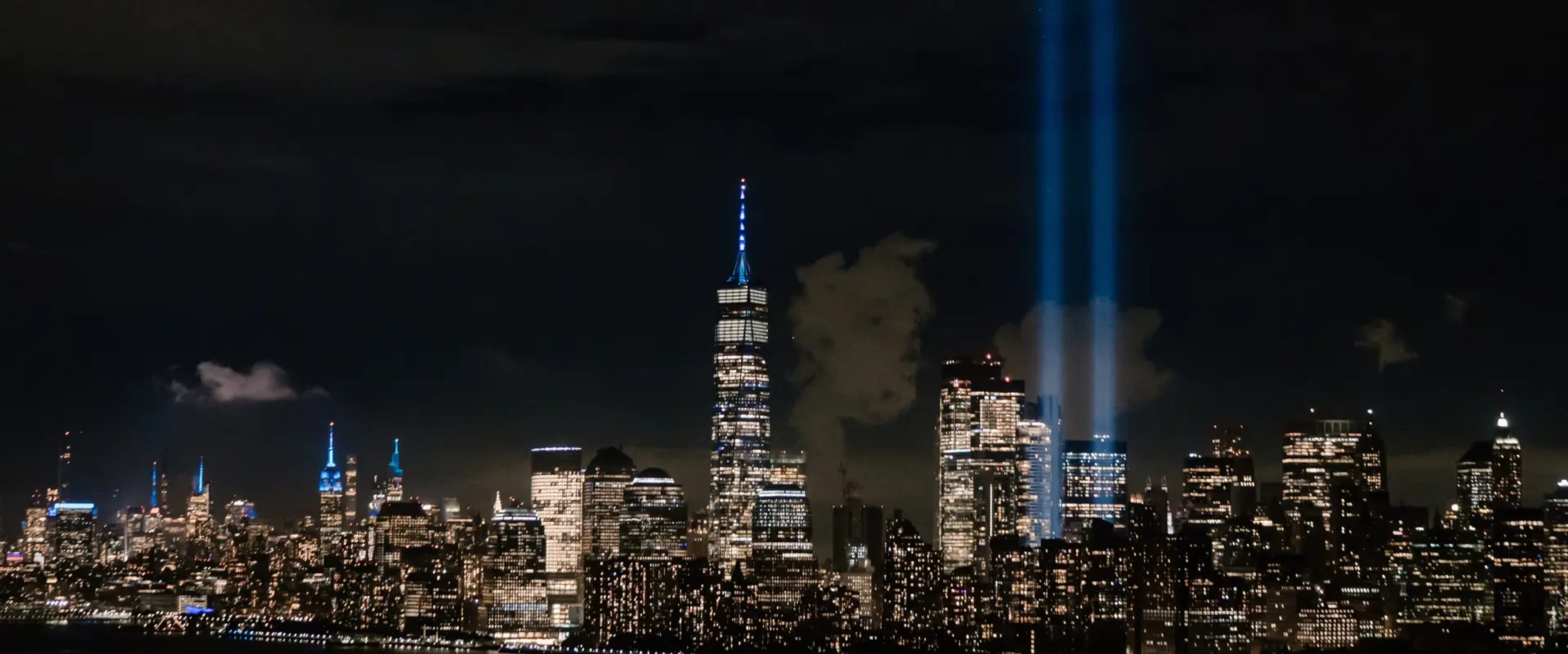 Tribute in Light Beams shine from the Manhattan skyline