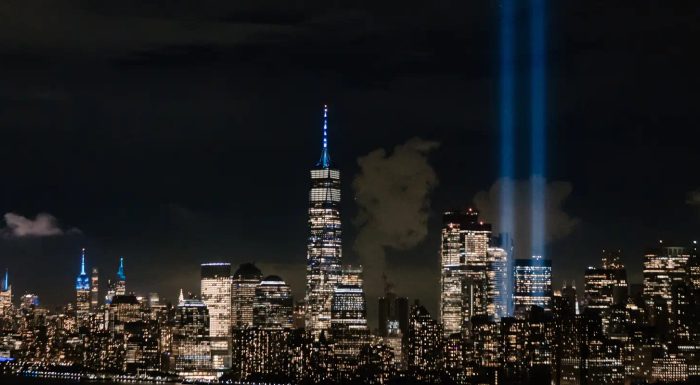 Tribute in Light Beams shine from the Manhattan skyline