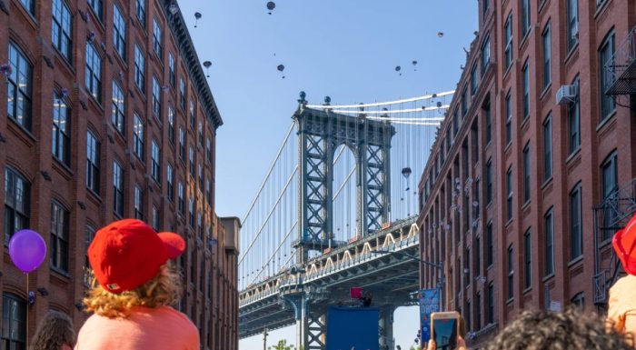 Elephants parachute onto the street in DUMBO with view of the Manhattan Bridge