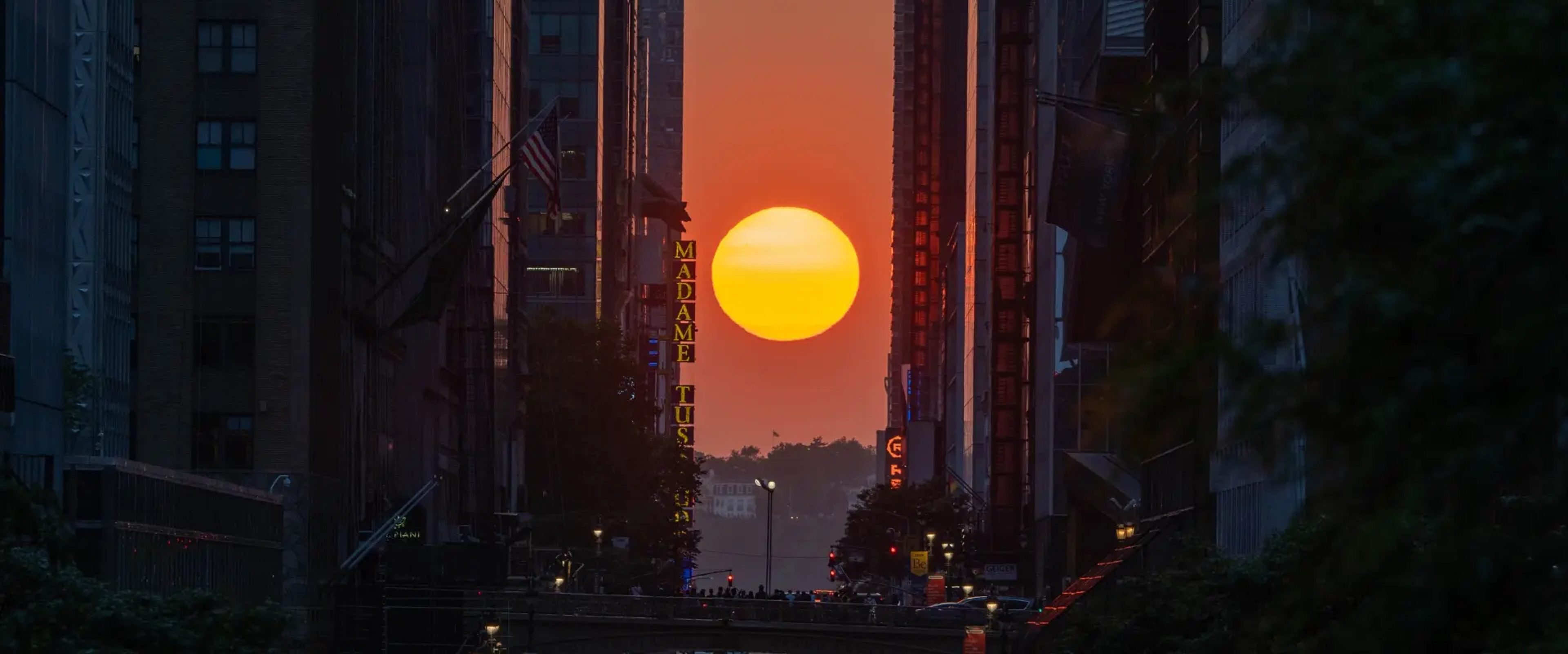 Manhattanhenge sunset on 42nd Street in New York
