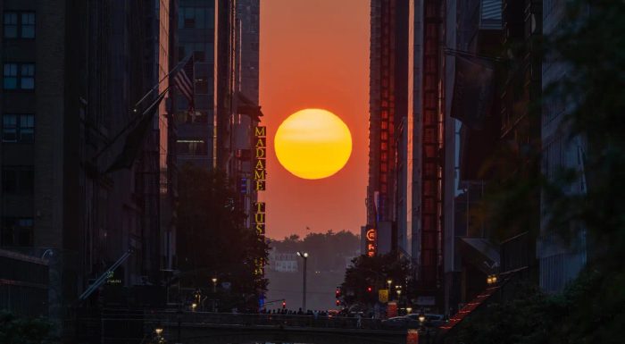 Manhattanhenge sunset on 42nd Street in New York