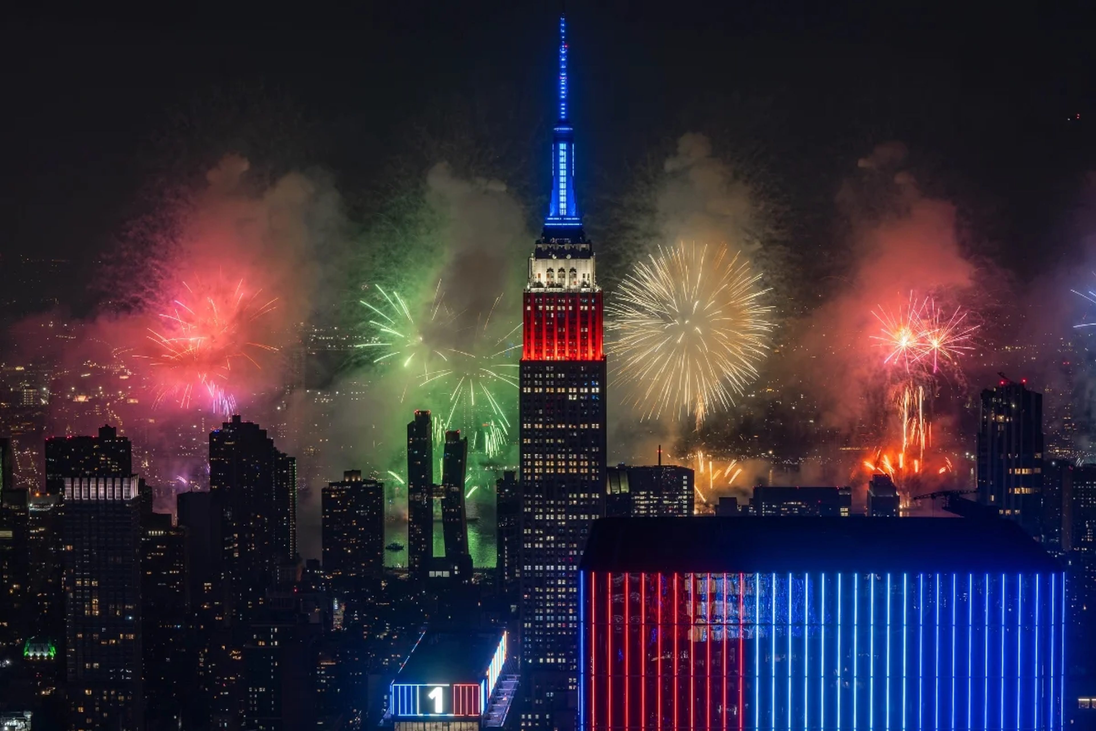 4th of July fireworks behind the Emire State Building