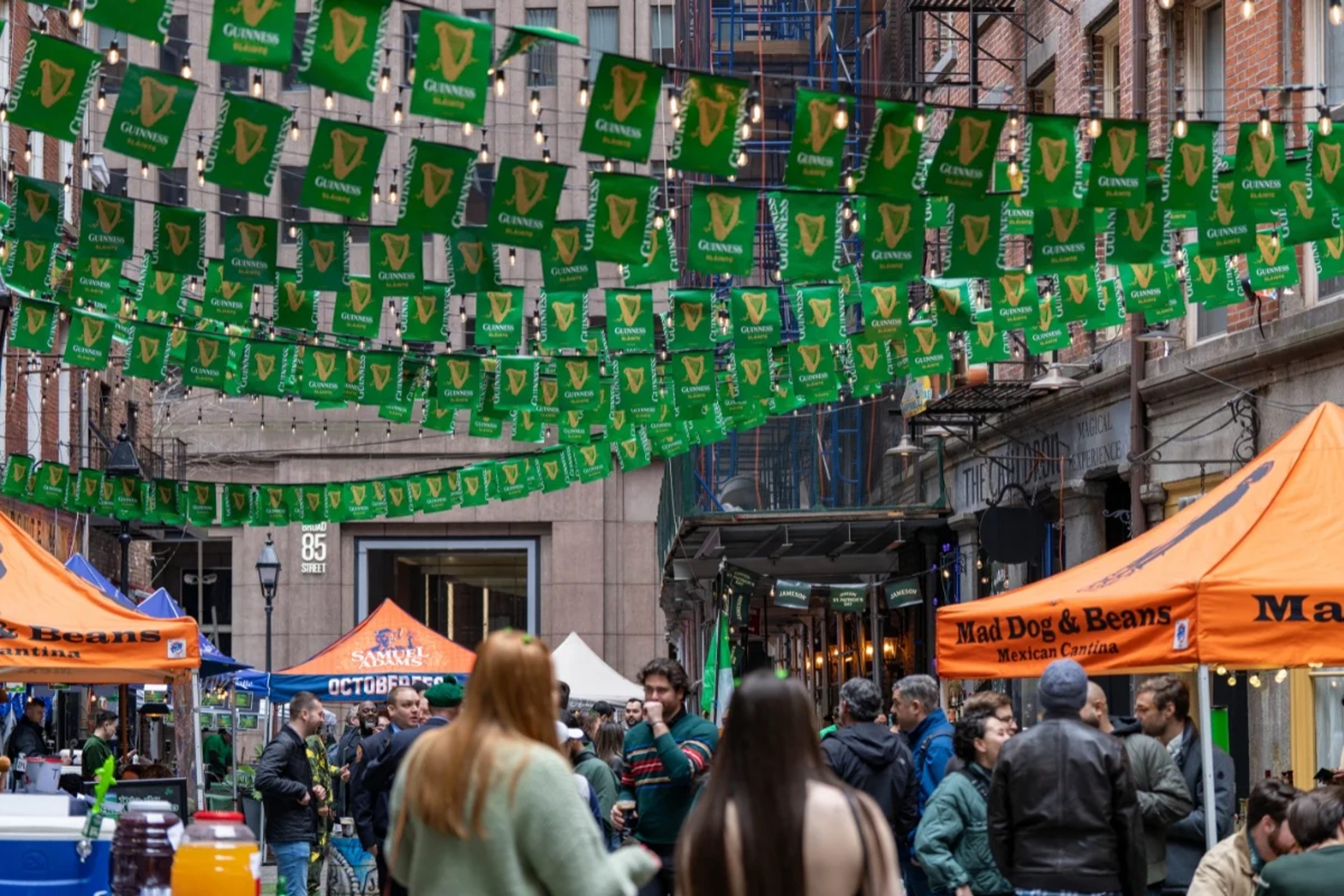 Stone Street in New York decorated in green for St. Patrick's Day
