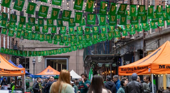 Stone Street in New York decorated in green for St. Patrick's Day