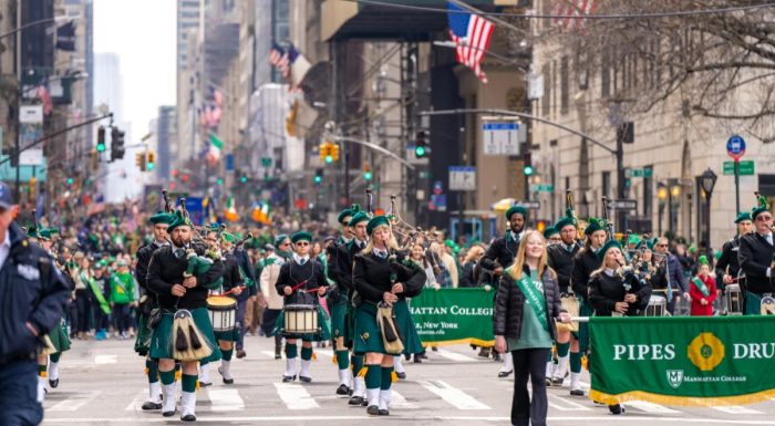 Band playing music during the St. Patrick's Day Parade on Fifth Avenue
