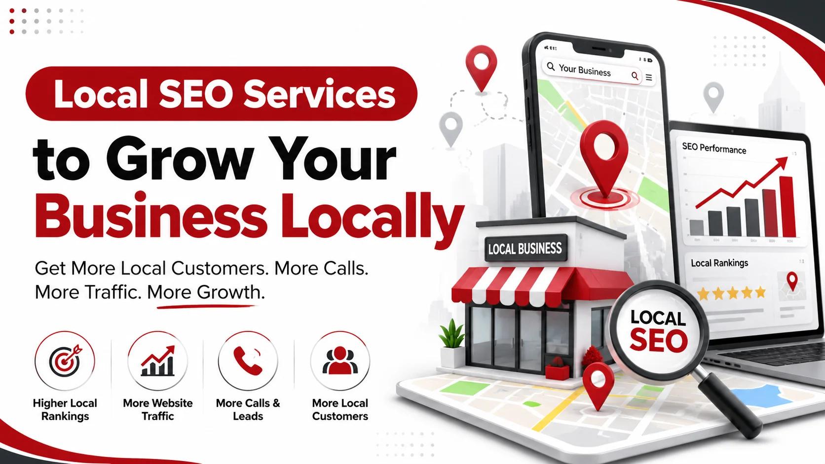 Local SEO services illustration showing business location, Google Maps pin, rankings growth, and local search optimization.