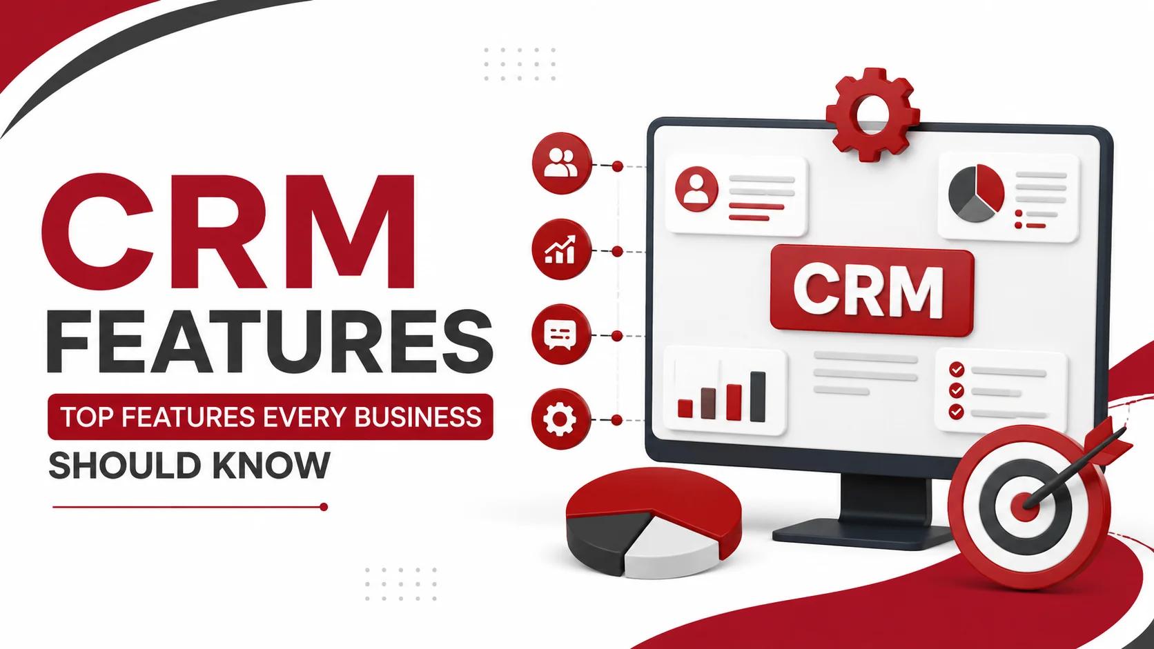 CRM Features dashboard illustration showing customer management, analytics, automation, reporting, and business growth tools