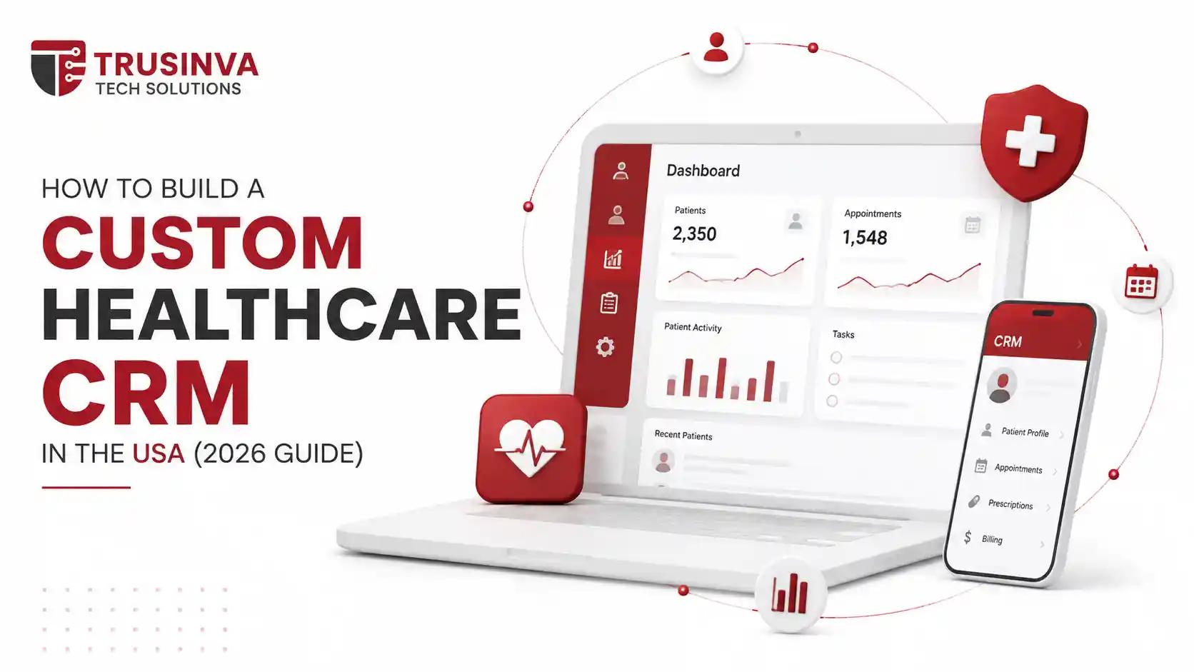Custom healthcare CRM development guide showing a healthcare dashboard, patient management system, CRM interface, and digital healthcare technology solutions for US businesses.