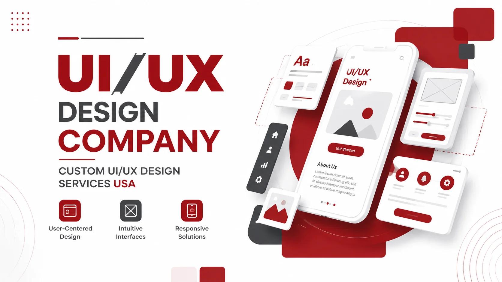 Custom UI/UX Design Services USA with modern mobile app interface, responsive web design, and user experience design elements.