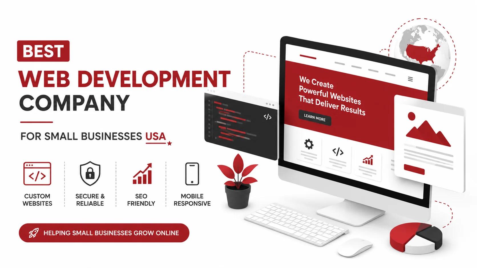 Best Web Development Company for Small Businesses USA – Modern website development services illustration with responsive web design, SEO optimization, and custom business website concept.