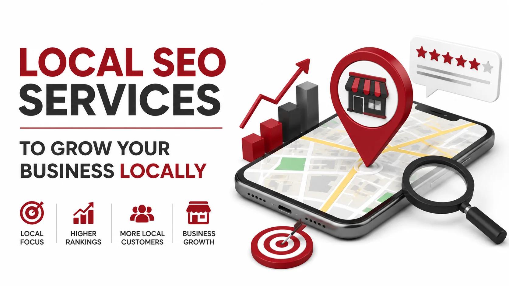 Local SEO services illustration showing business location, Google Maps pin, rankings growth, and local search optimization.