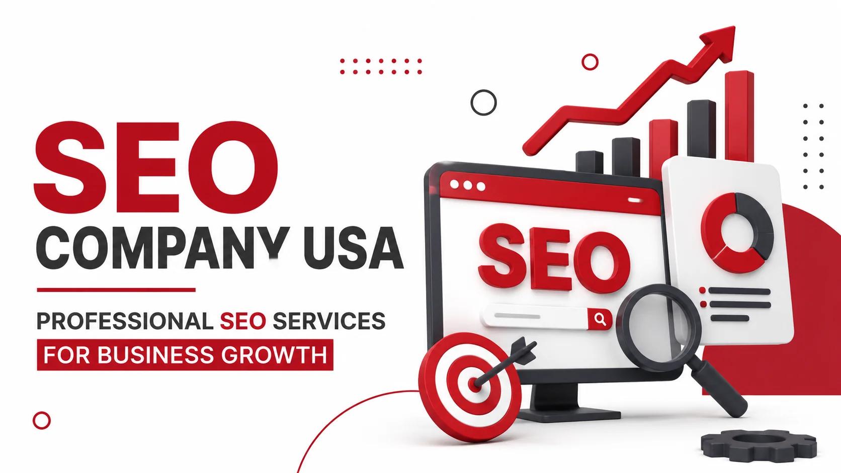 Professional SEO Company USA offering SEO services for business growth with 3D search engine optimization, analytics dashboard, target, and upward growth chart illustration.