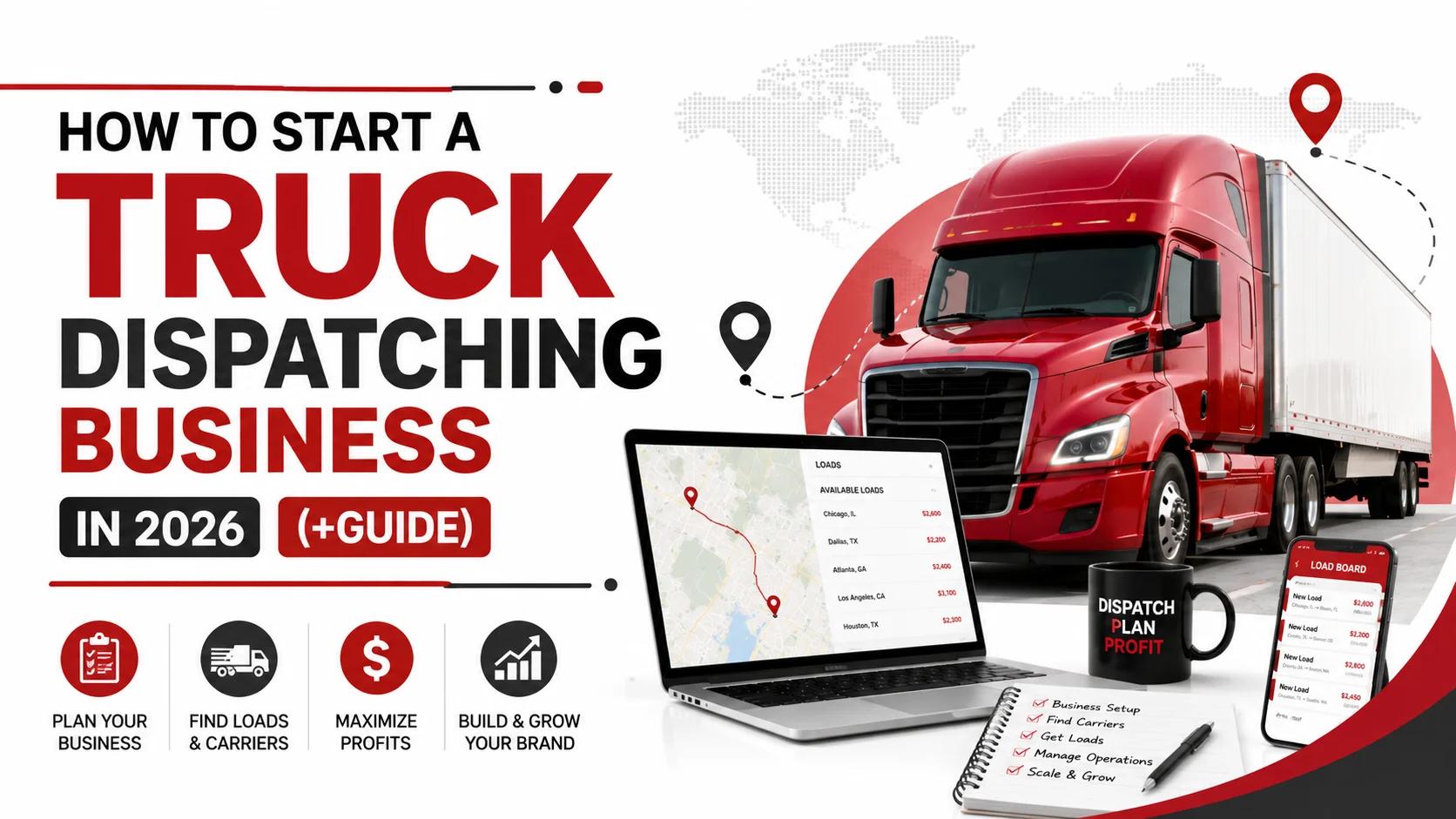 How to Start a Truck Dispatching Business in 2026 guide with red semi truck, dispatch software dashboard, load board, and logistics planning illustration