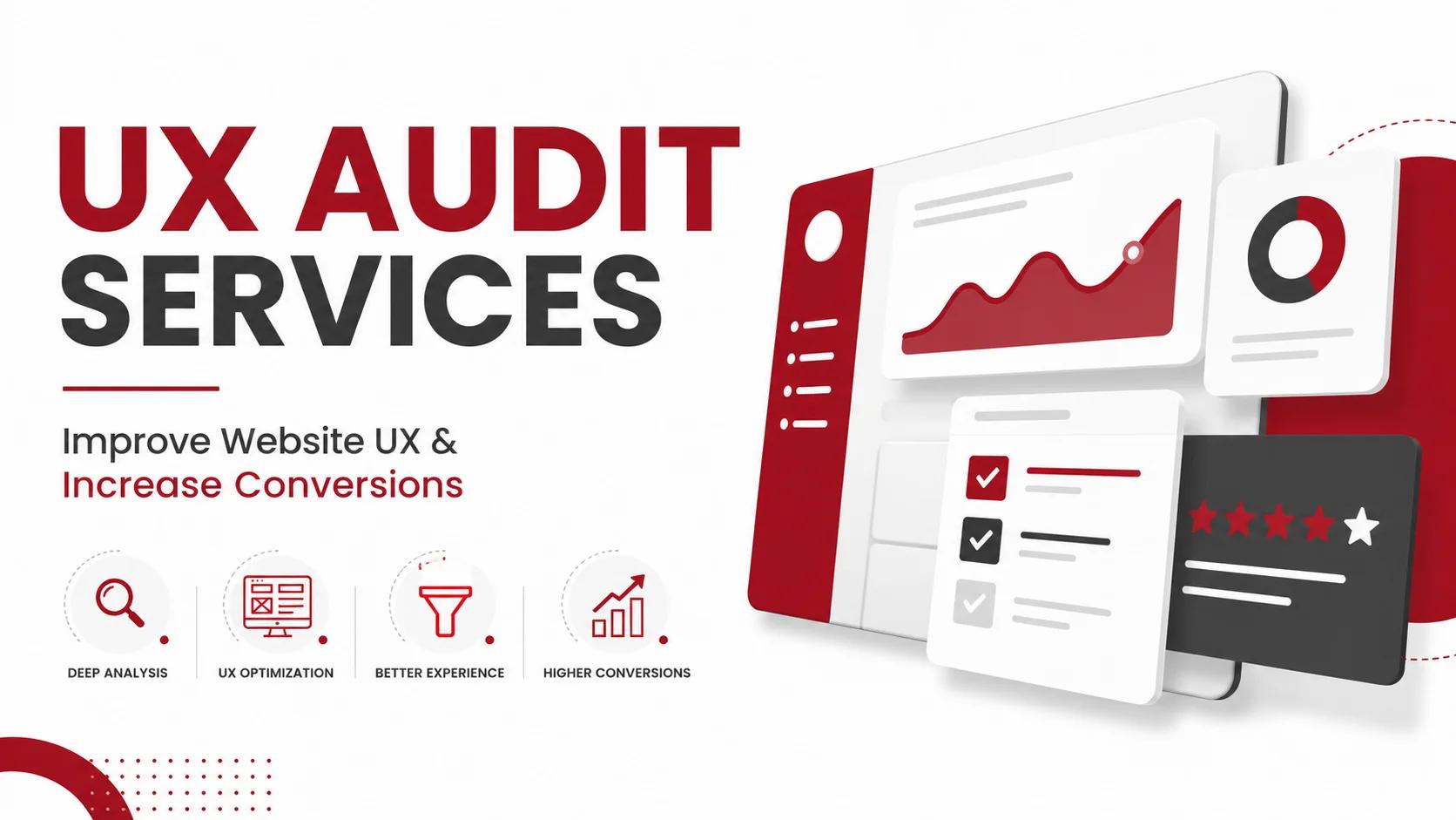 UX Audit Services illustration showing website analysis dashboard to improve user experience and increase conversions