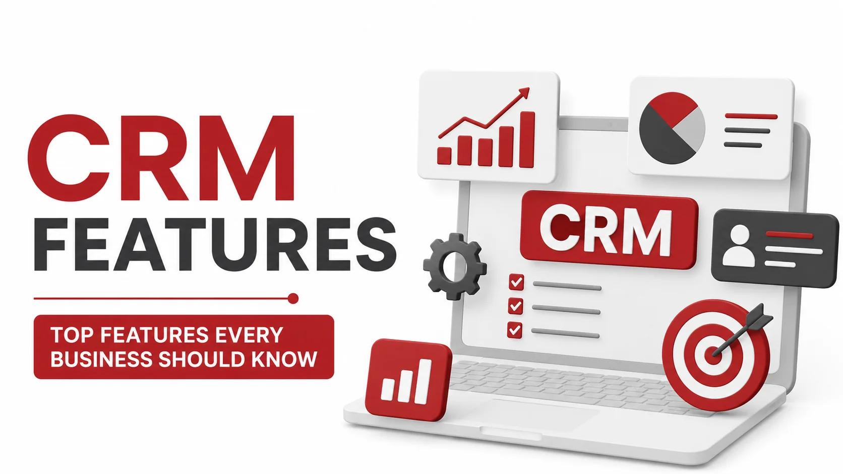 CRM Features dashboard illustration showing customer management, analytics, automation, reporting, and business growth tools