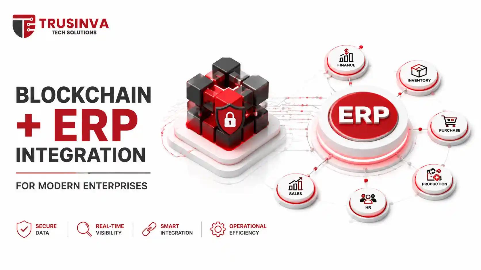 Blockchain and ERP integration for modern enterprises showing secure data, smart integration, and connected business systems.