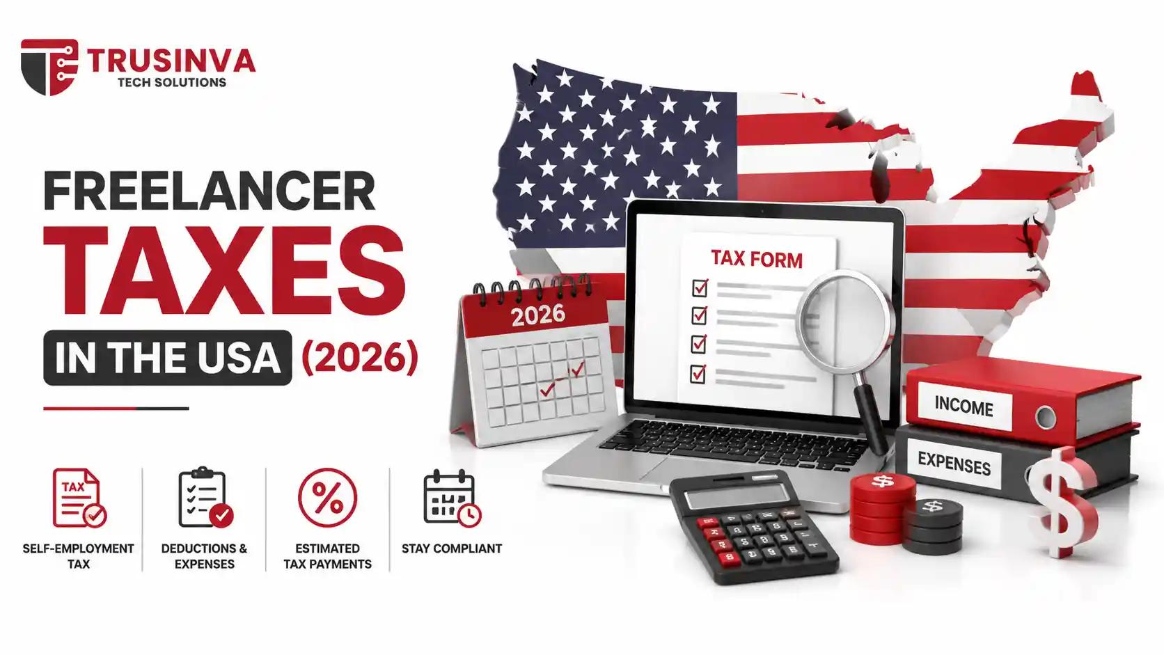 Freelancer taxes in the USA 2026 guide featuring tax forms, calculator, income expenses, and compliance information.