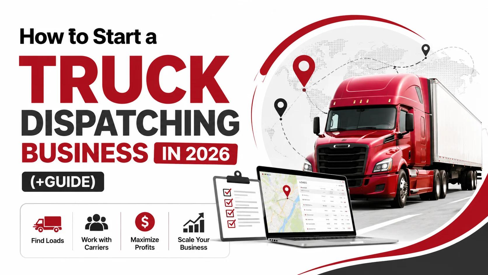 How to Start a Truck Dispatching Business in 2026 guide with red semi truck, dispatch software dashboard, load board, and logistics planning illustration