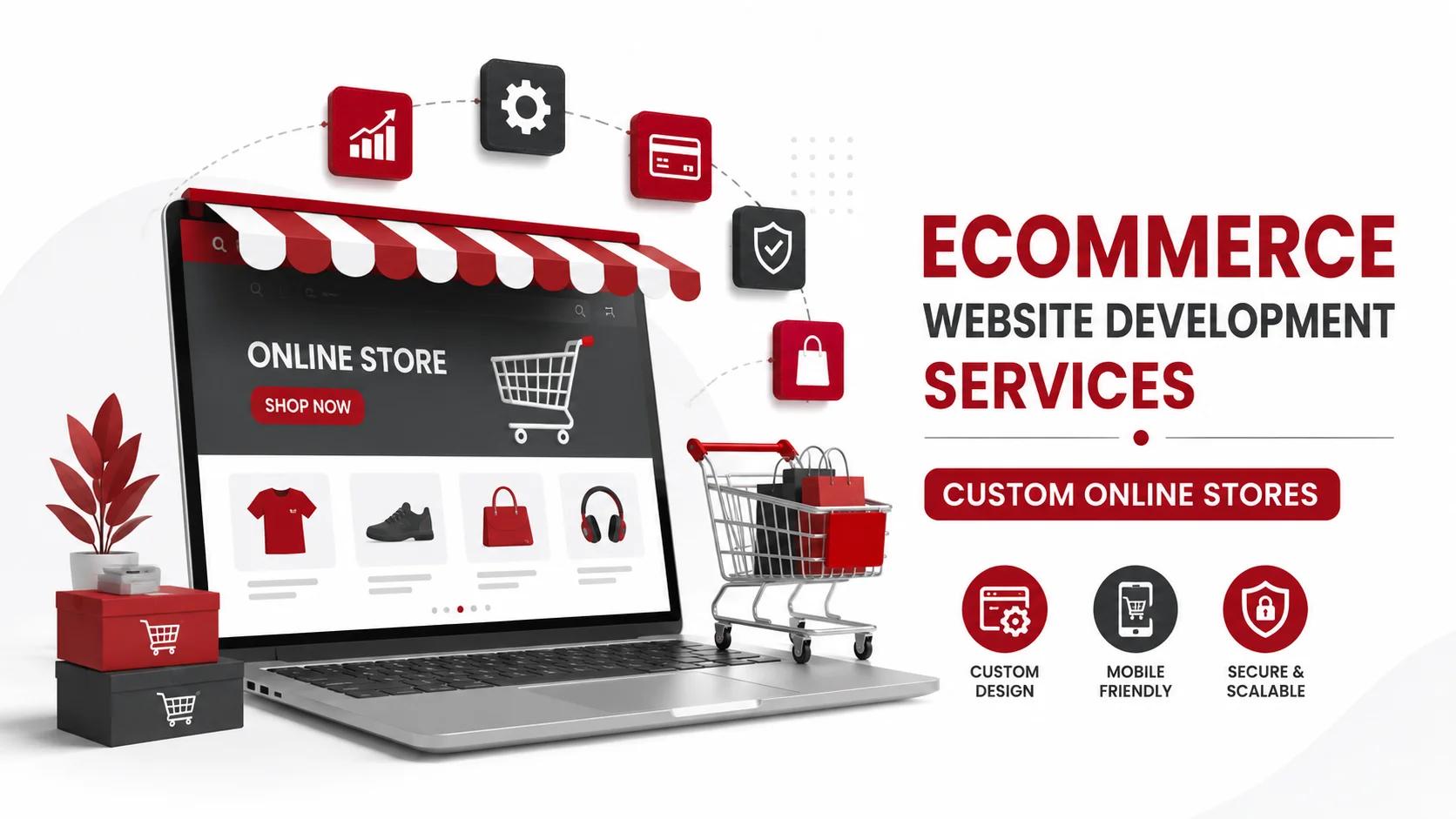Ecommerce website development services with custom online store design displayed on laptop and mobile devices