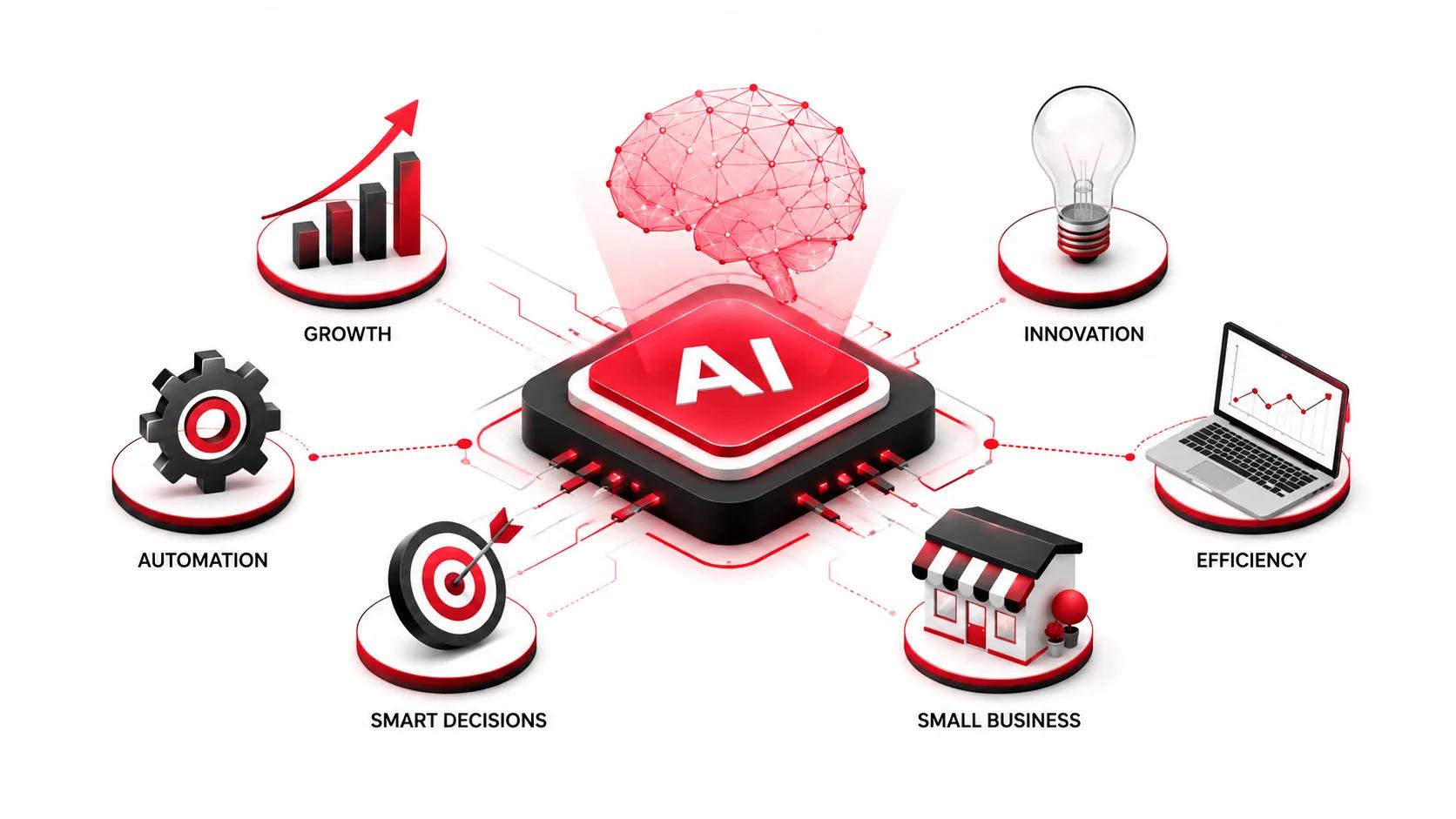 AI for Small Businesses illustration showing automation, productivity, business growth, analytics dashboard, and AI tools on a white background