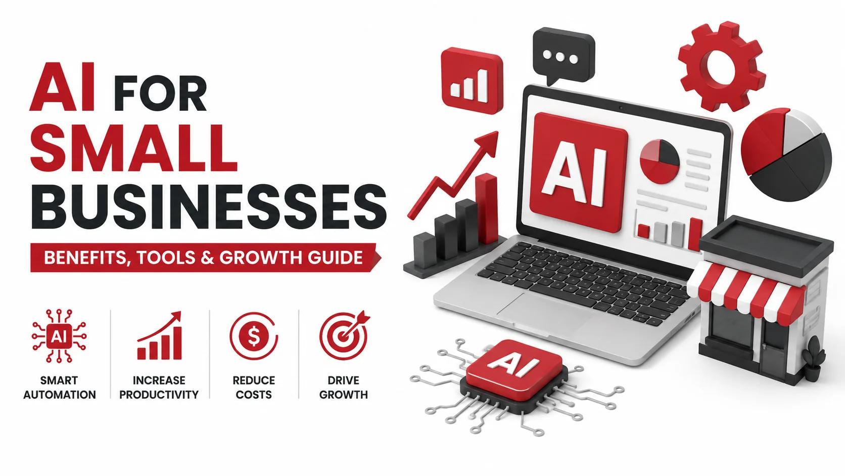 AI for Small Businesses illustration showing automation, productivity, business growth, analytics dashboard, and AI tools on a white background