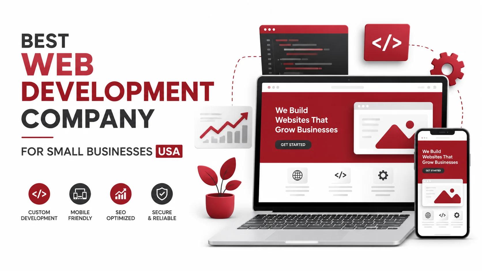 Best Web Development Company for Small Businesses USA – Modern website development services illustration with responsive web design, SEO optimization, and custom business website concept.