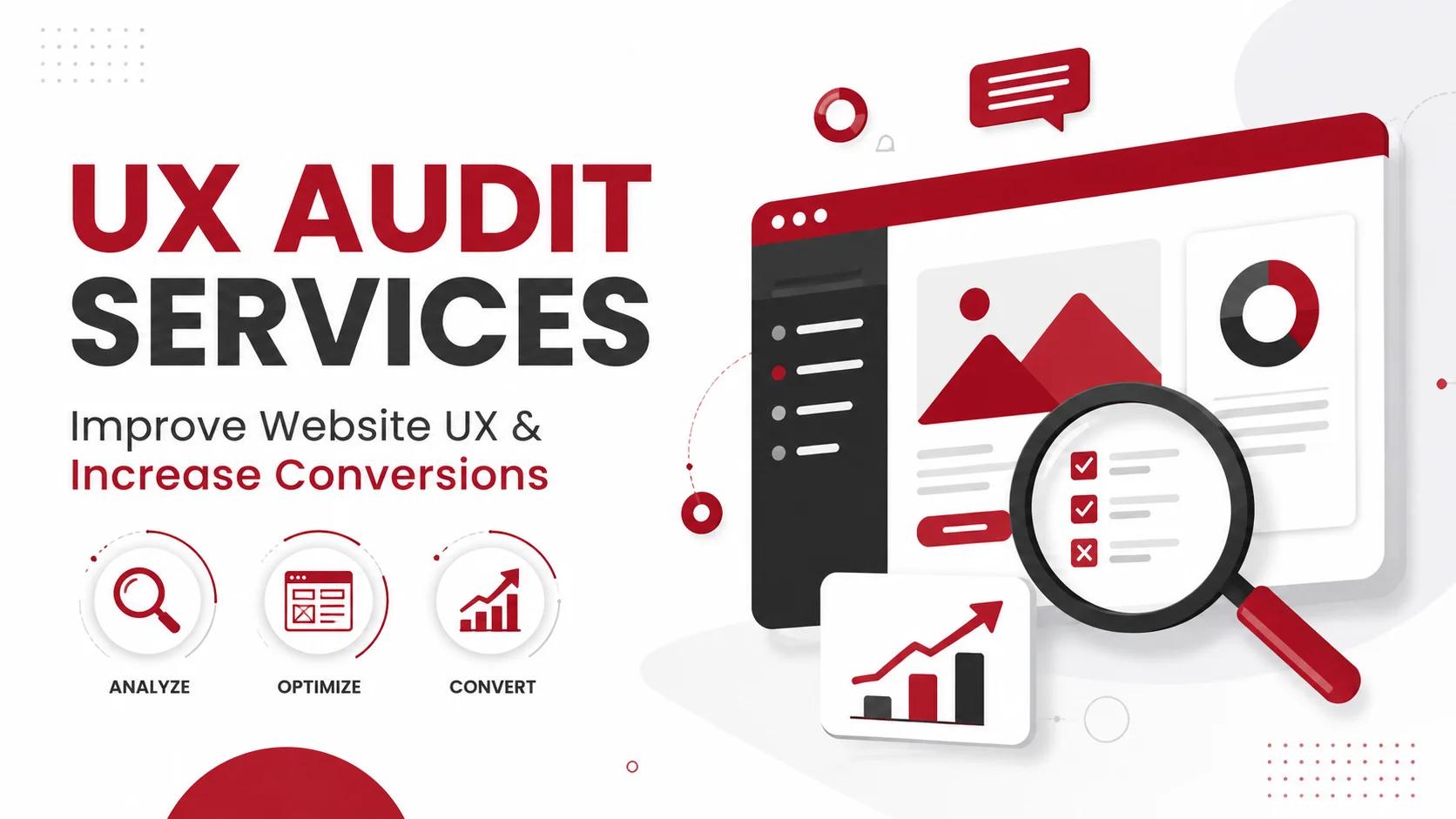 UX Audit Services illustration showing website analysis dashboard to improve user experience and increase conversions