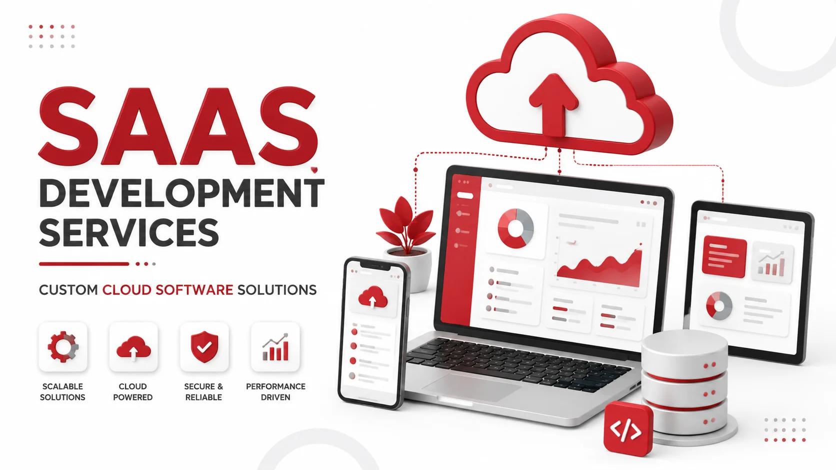 SaaS Development Services with custom cloud software solutions dashboard, secure cloud hosting, and scalable business applications