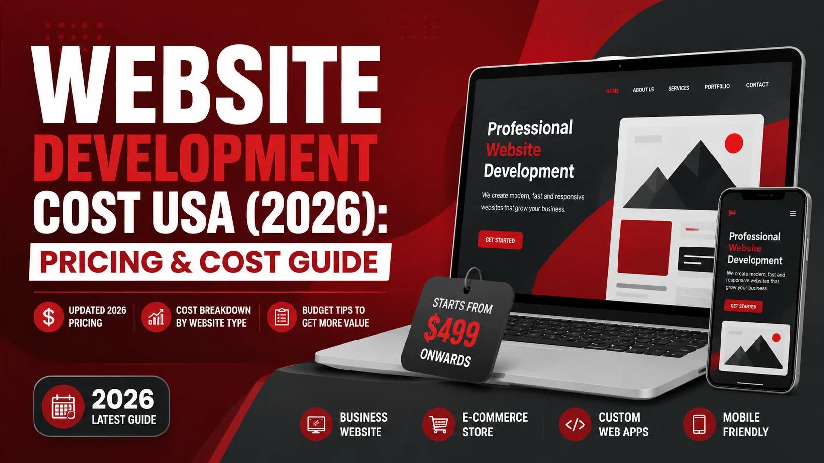 Website Development Cost USA 2026 pricing guide showing web development, website design, and business website cost comparison.