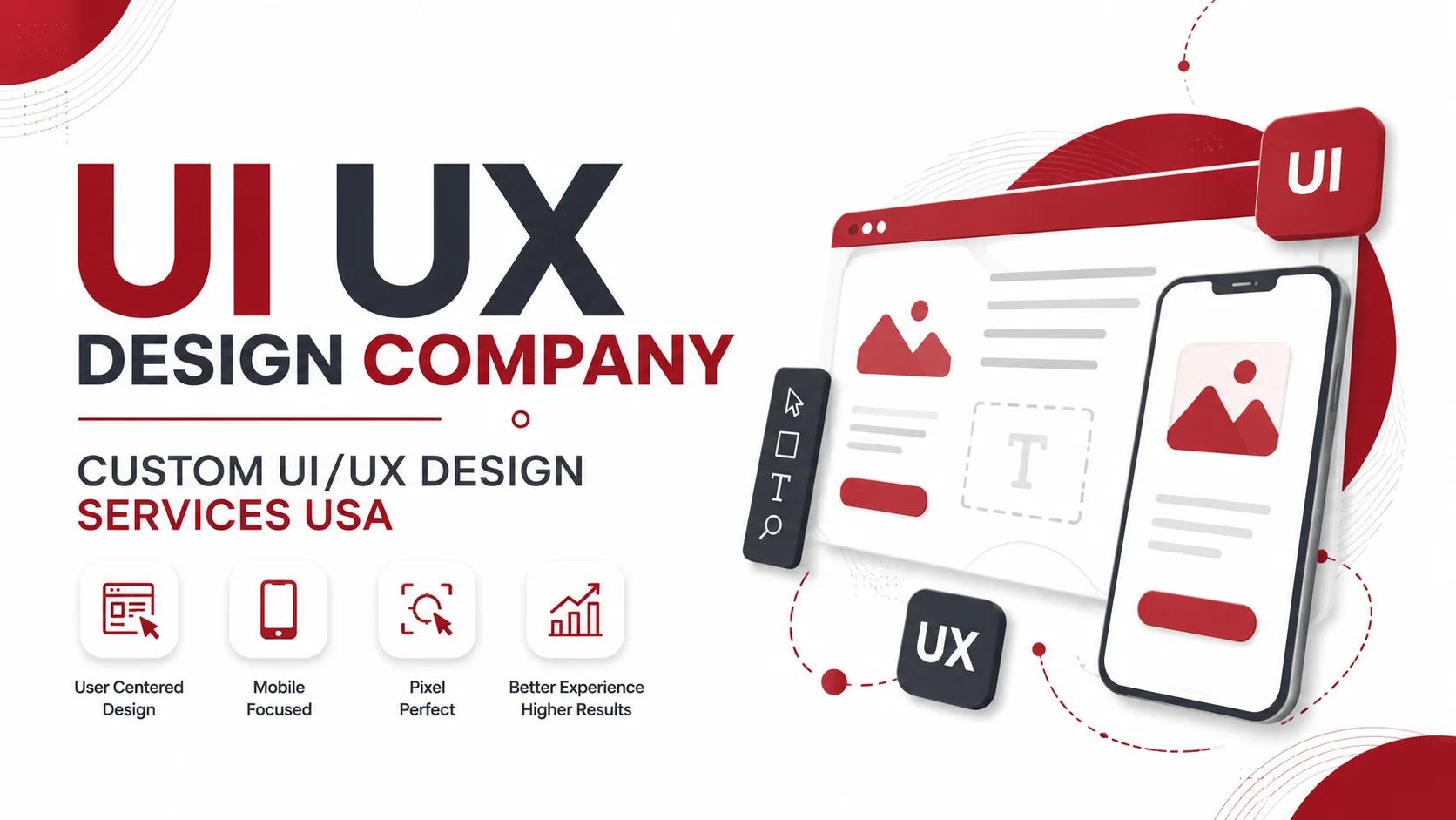 Custom UI/UX Design Services USA with modern mobile app interface, responsive web design, and user experience design elements.
