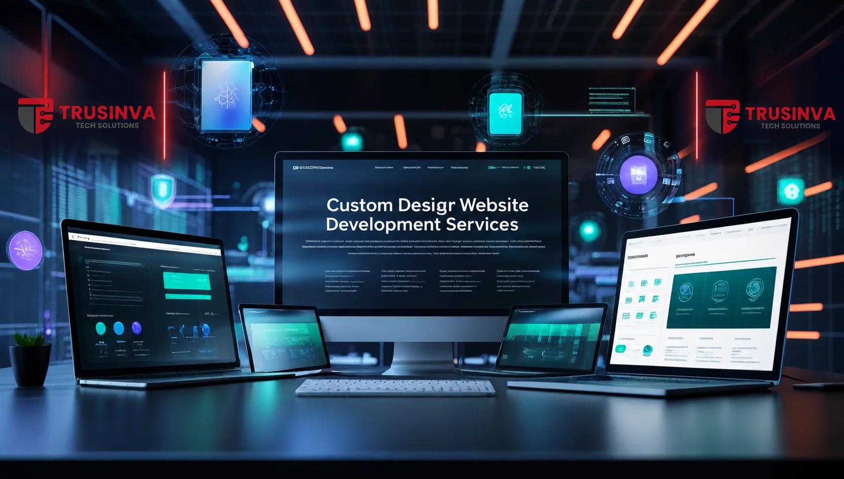 Custom Website Development Services dashboard displayed on multiple devices with Trusinva Tech Solutions branding