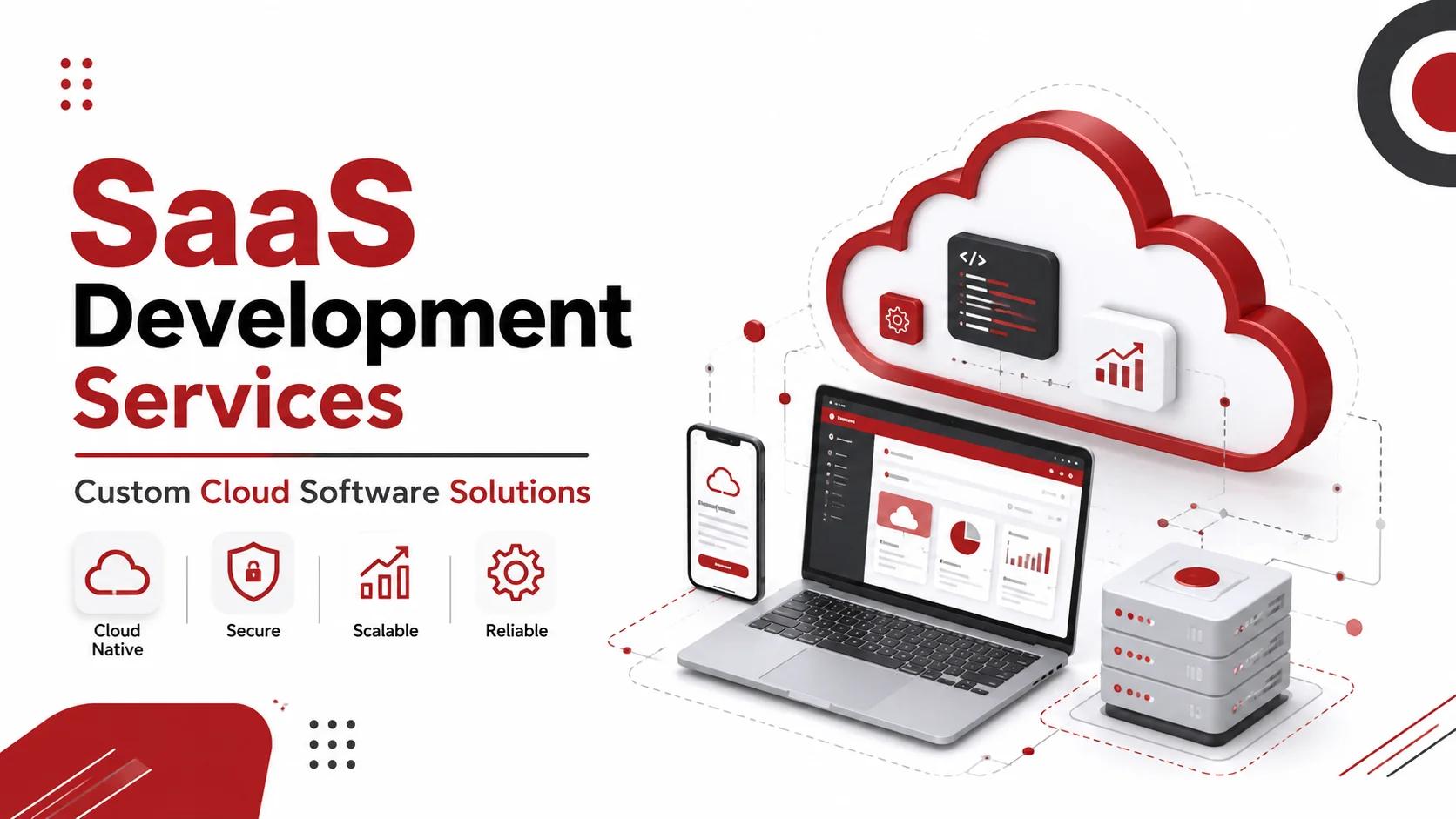 SaaS Development Services with custom cloud software solutions dashboard, secure cloud hosting, and scalable business applications
