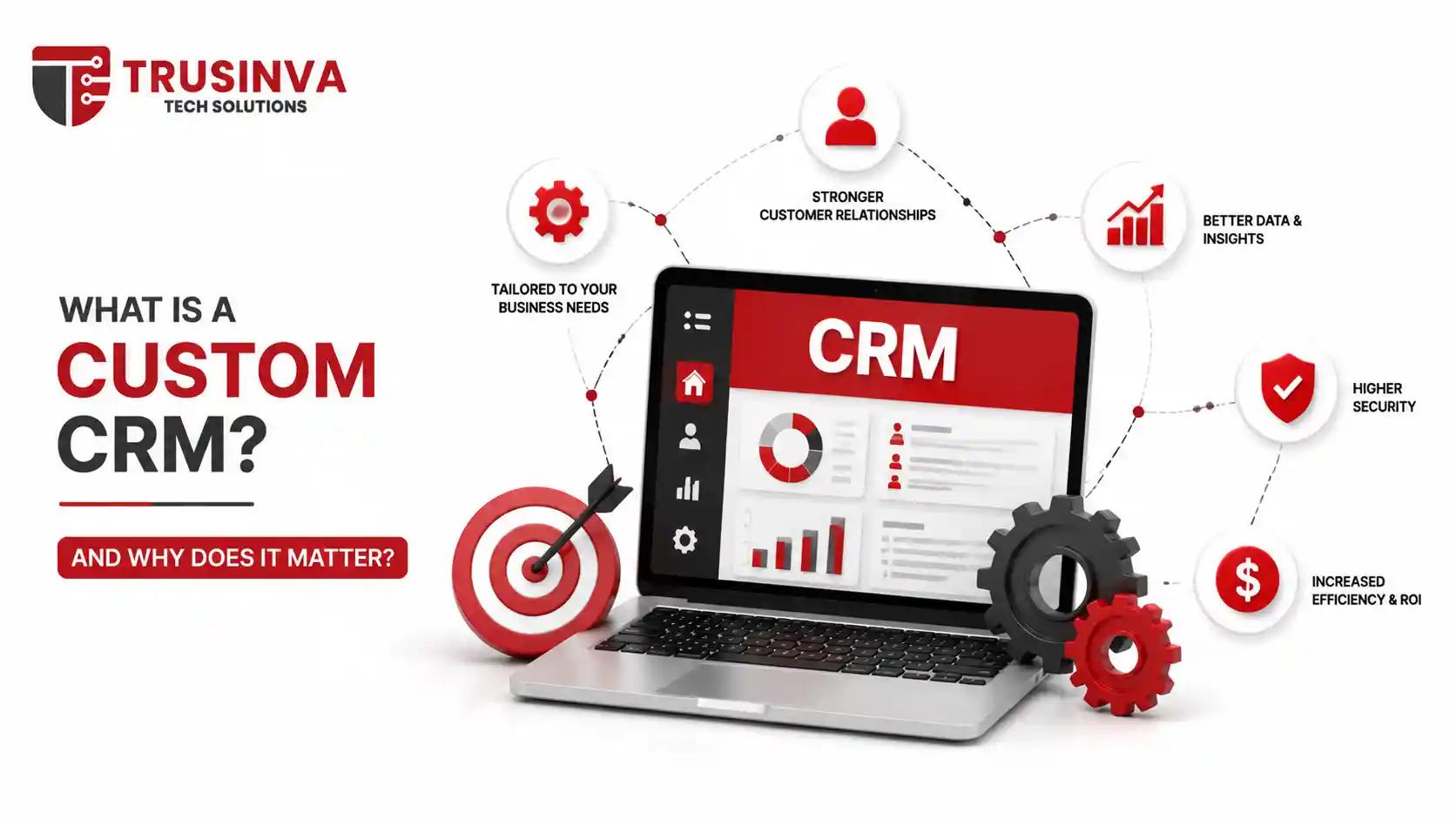 Custom CRM dashboard showing how personalized CRM solutions improve customer relationships, business efficiency, data insights, and ROI.