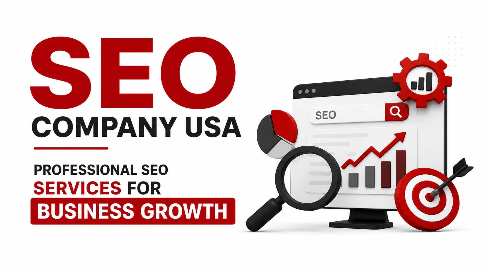 Professional SEO Company USA offering SEO services for business growth with 3D search engine optimization, analytics dashboard, target, and upward growth chart illustration.