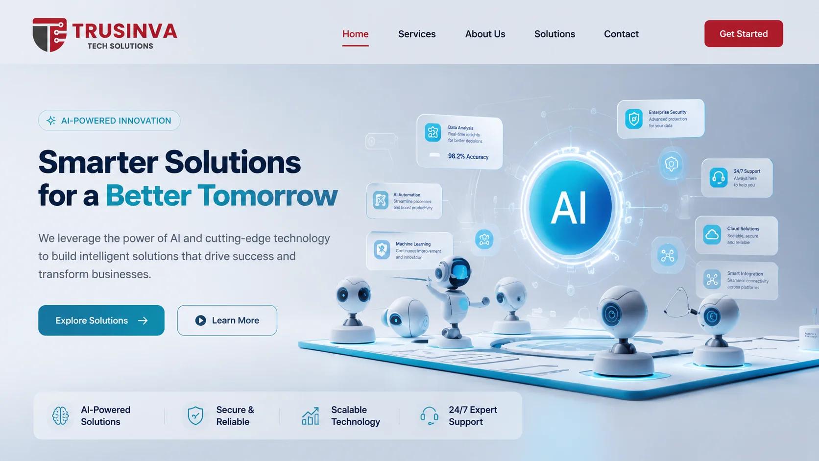 "Trusinva Tech Solutions AI automation hero banner featuring a futuristic digital brain, holographic technology interface, and company logo representing custom AI automation and software development services."