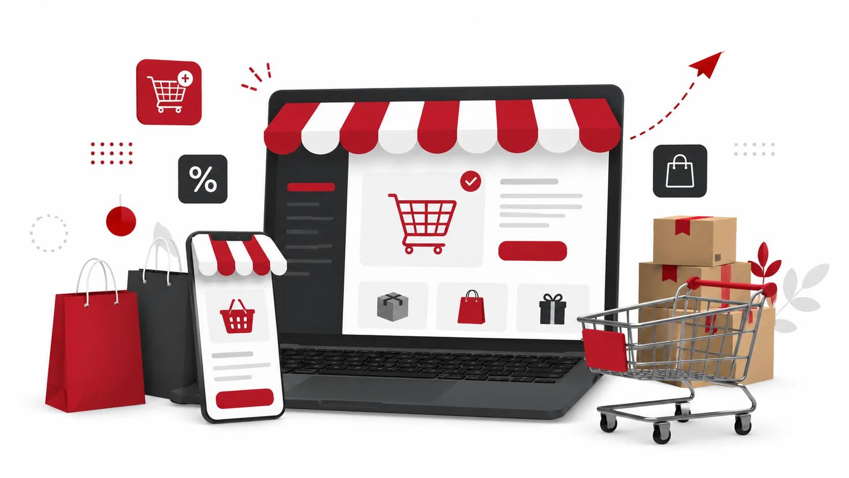 Ecommerce website development services with custom online store design displayed on laptop and mobile devices