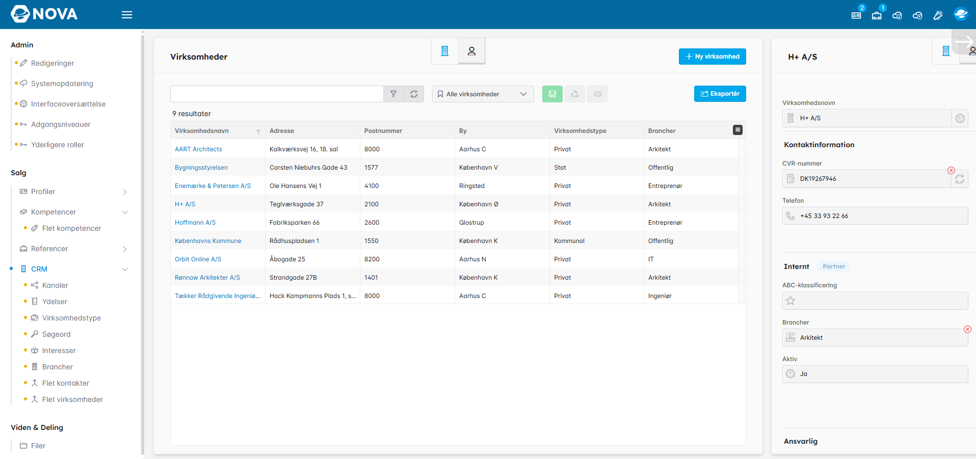 Virksomhedsoversigt i CRM'et