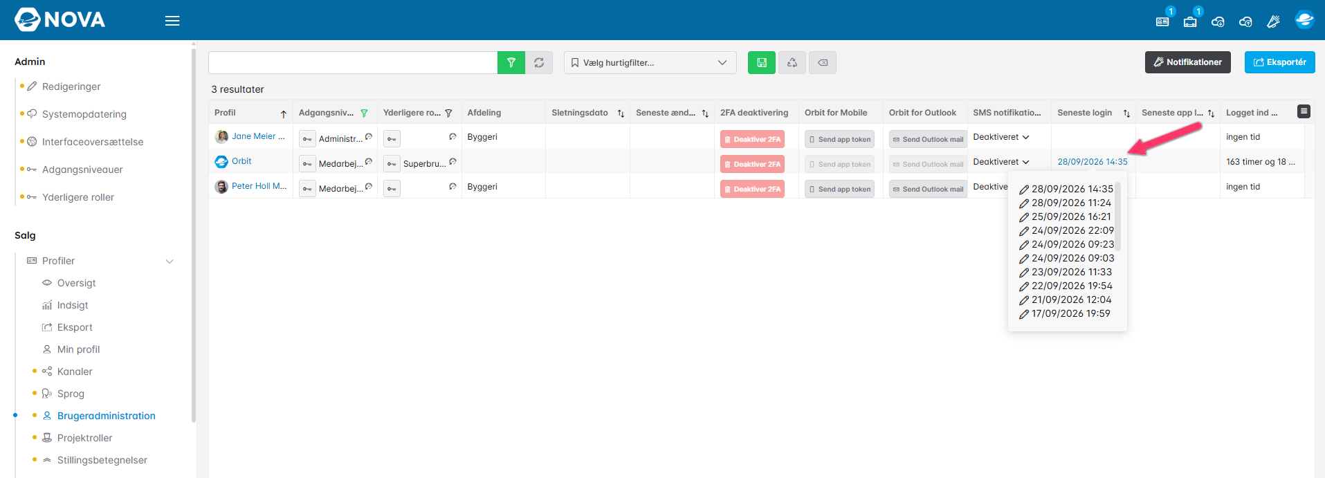 visning af logins for en bruger