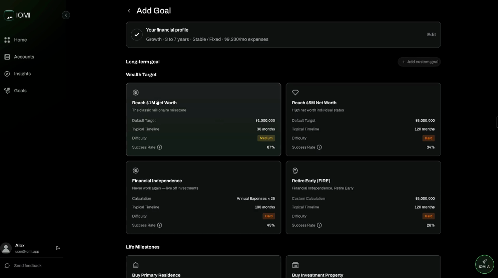 IOMI goal setup with wealth targets