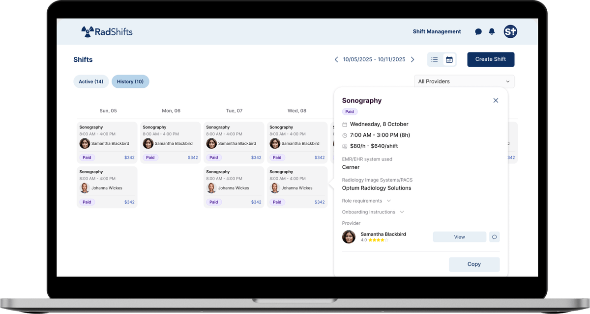 RadShifts healthcare staffing marketplace — provider mobile app and facility web portal built by Softermii APEX