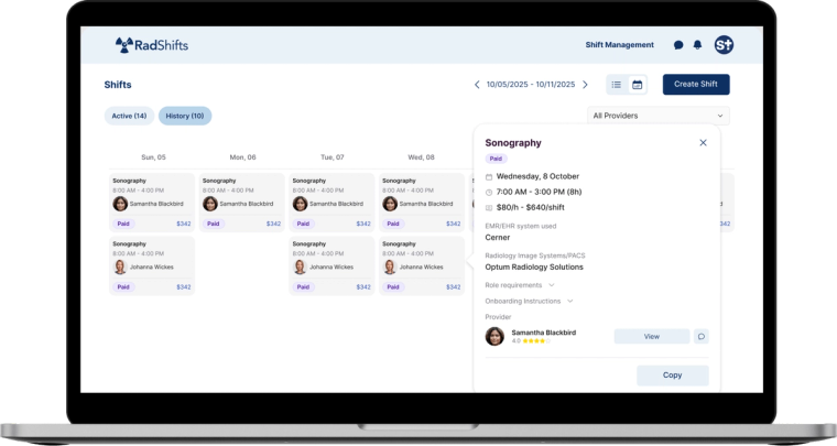 RadShifts healthcare staffing marketplace — provider mobile app and facility web portal built by Softermii APEX