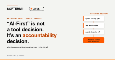 Softermii APEX insight. Headline: “AI-First” is not a tool decision, it's an accountability decision. A 'governed delivery' diagram shows AI work passing a spec & security gate, a test & review gate and architecture sign-off, ending at a named human who owns the outcome.