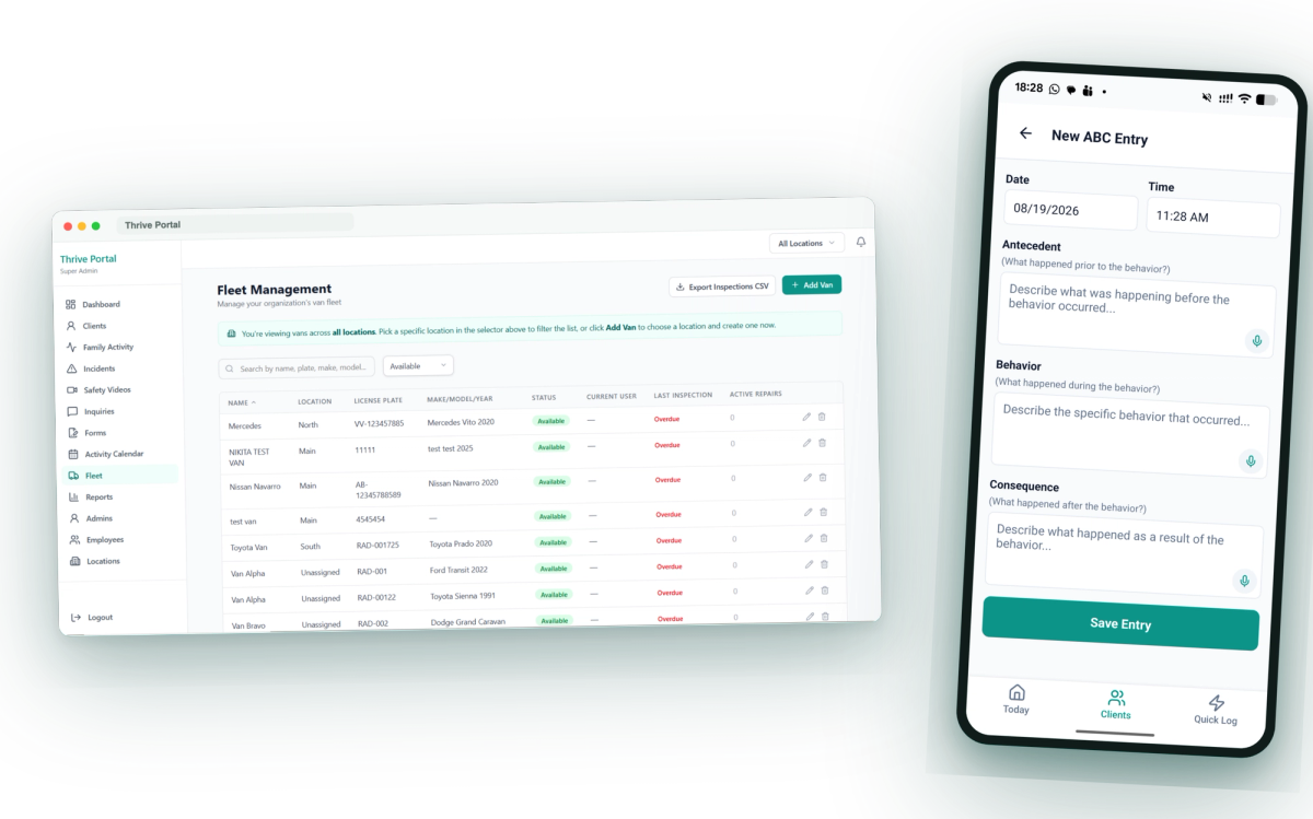 Thrive Portal across web and mobile: the director dashboard and the ABC behavior-logging screen