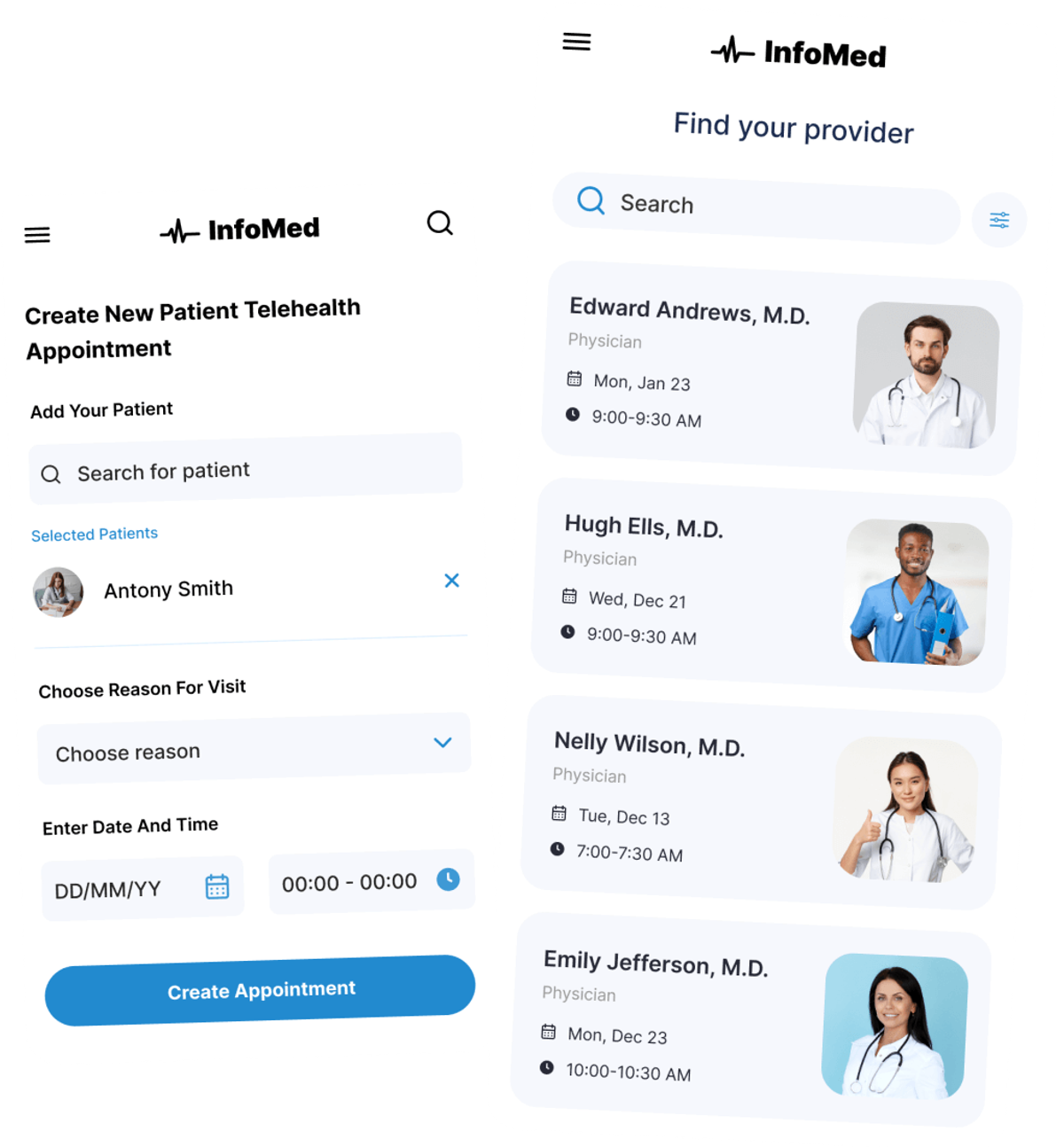 Infomed telehealth scheduling and consultation screen